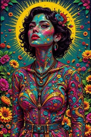 Vibrantly detailed 1970s-style woman covered in colorful, intricate body art and surrounded by bright flowers with a glowing yellow halo behind her head.