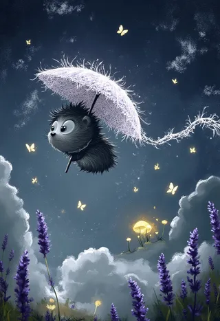 A whimsical black hedgehog with large eyes flies through a starlit night sky holding a glowing Victorian-style umbrella, surrounded by delicate butterflies and lavender flowers.