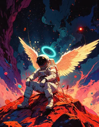 A lone astronaut in a detailed vintage spacesuit sits on a rocky surface of Mars, illuminated by cinematic lighting, with glowing neon cyan halo above helmet and large angel wings spreading from their back.