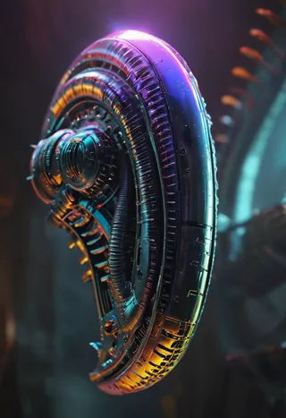 A detailed close-up of a purple spaceship designed in the distinctive Giger biomechanical style, illuminated with vibrant cinematic lighting.