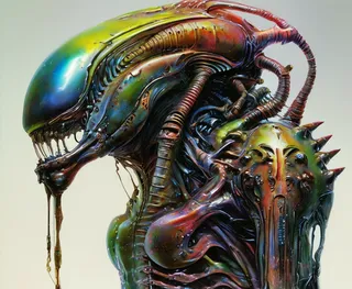 Colorful biomechanical alien creature inspired by the Alien movie, rendered in G1h3r style with a white background in a detailed painting.