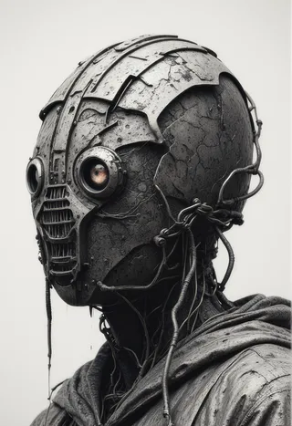 A post-apocalyptic robot featuring a corroded metal mask with cracked surfaces and embedded wires, showing rust textures and mechanical decay in a monochrome style.