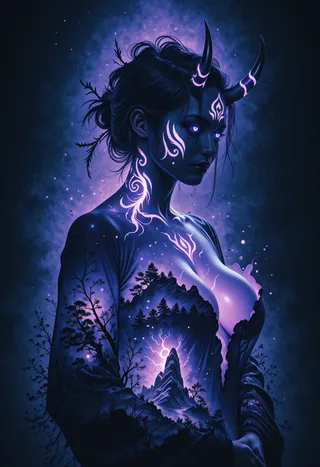 A horned woman styled as an Oni with glowing purple facepaint and tattoos in a double exposure effect merging a Japanese mythological samurai landscape.