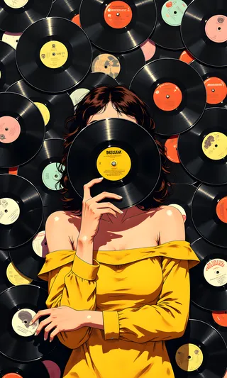 A woman in a yellow off-shoulder top holds a vinyl record in front of her face, surrounded by numerous colorful vinyl records overlapping as a backdrop.