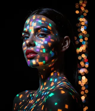 Portrait of a model with multicolored pixel-like digital projection on face and upper body against black background, with colorful bokeh lights on side