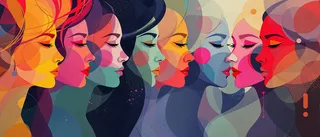 Abstract digital painting featuring multiple colorful profiles of women in a minimalist style with overlapping translucent shapes.