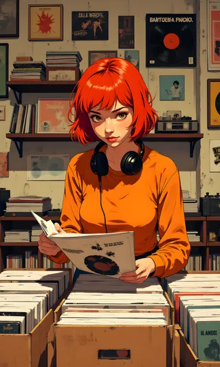 A red-haired woman in an orange top with headphones around her neck browsing through vinyl records in a cozy record store filled with albums and framed posters.