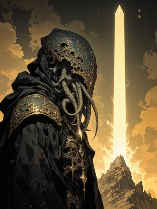 A hooded figure with a tentacled, ornate mask stands in front of a glowing, tall shimmering obelisk on a rocky mountain background under a dramatic night sky.