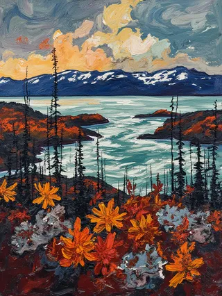 Vibrant Post-Impressionist painting of a Nordic landscape featuring expressive brushwork, bright orange flowers, dark tree silhouettes, snow-capped mountains, and a turbulent sky.