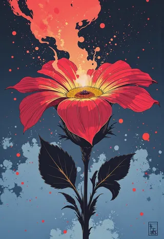 Artistic crimson flower with vibrant red petals and yellow center emanating fiery splashes on a dark moody background