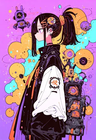 Side profile of a girl with a high ponytail and hair ornaments, wearing a white and black jacket, standing next to a detailed robot against a vibrant purple and orange abstract background with floating motion lines and glowing particles.