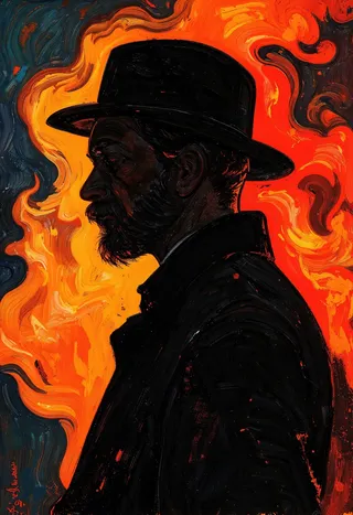 A silhouette portrait of a bearded man wearing a hat, rendered in a post-impressionist style with vivid orange and red glowing fire swirls in the background, creating a dramatic high-contrast effect.