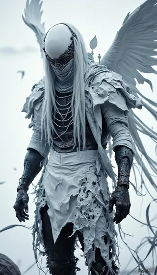 A mysterious figure with long white hair and wings, wearing a torn outfit and a veil obscuring the face, set against a misty, moody backdrop.