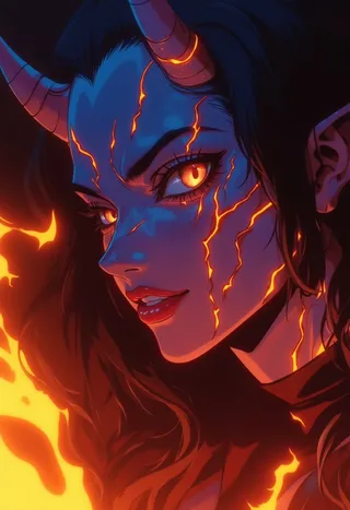 Close-up portrait of a demon woman with glowing molten lava cracks across her blue skin, jagged molten horns, fiery glowing eyes, and flames flickering around her anime-style face.