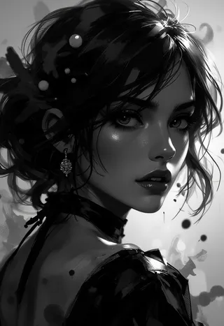 Black and white neo-noir portrait of a woman featuring dramatic shadow cascades, silver halide gradients, and flows of smoke-like fabric, expressing timeless elegance and raw emotion.