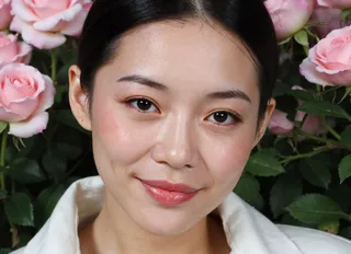 Close-up photo of an Asian woman with flawless skin and a slight smile, surrounded by pink roses in a rose garden in early morning light.
