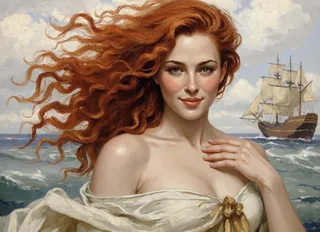 Portrait of a beautiful woman with long deep red curly hair flowing in the wind, smiling gently, set against an ocean backdrop with a ship sailing, painted with warm muted tones and soft brushwork.