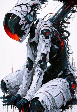 A kneeling cyborg wearing white techwear and a detailed helmet with an orange visor, featuring mechanical and jacquard fabric details in a dynamic pose.