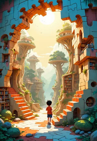 A whimsical puzzle piece world where a child stands before towering tree houses with floating bookshelves, under warm sunlight in a surreal, playful environment.