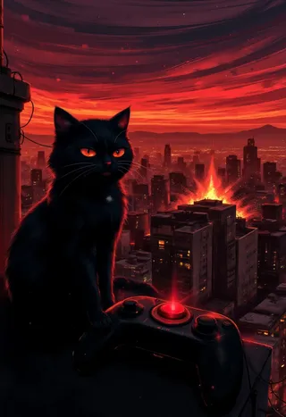 A black cat with glowing orange eyes sitting on a rooftop at sunset, pressing a large red button on a black controller box, with a city explosion in the background and vibrant red-black sky.
