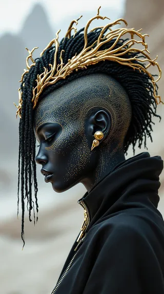 Side-profile portrait of a woman with dark blue-black skin adorned with shimmering gold scales, a braided black mohawk entwined with organic golden branches, wearing a dark textured cloak with a silver zipper, set against a soft, blurred background.