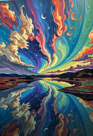 A vivid Post-Impressionist painting showing a symmetrical celestial aurora with extraterrestrial hues reflecting over water under a starry sky.