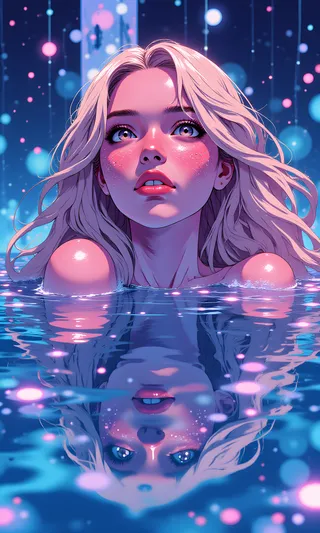 Anime-style blonde woman partially submerged in water with glitter on her face, serene expression, and a dreamlike reflection under soft blue and pink lighting.