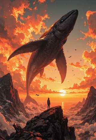 A surreal scene with a giant whale soaring through golden-orange sunset clouds above a rugged mountain peak where a young boy stands, surrounded by dreamy light.