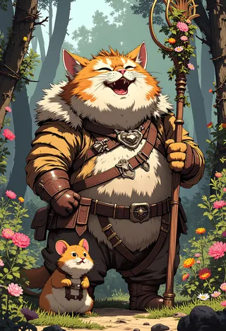 A happy, fat orange and white cat wearing light leather armor with straps stands holding a wooden staff adorned with flowers, next to a small mouse friend, in a bright forest with colorful flowers and thorn walls.