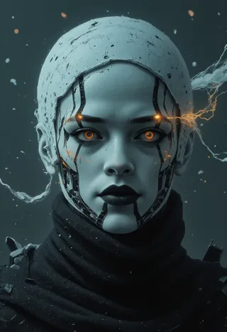 Close-up portrait of a cyborg with white translucent synthetic skin, glowing orange eyes, and black biomechanical markings on the face, wearing a black scarf.