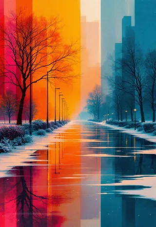 A minimalistic and abstract waterfront in winter featuring vivid oranges, fuchsia, and blues in a double exposure effect with bare trees and reflective icy water.