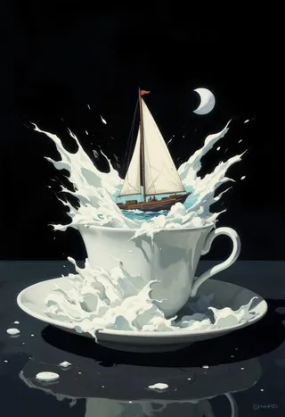 A white teacup on a saucer with white splash waves resembling clouds bursting out, carrying a detailed sailboat with a white sail against a black background under a crescent moon.