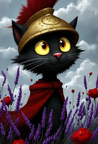 A digital painting of a black cat with large golden eyes wearing a weathered bronze Spartan helmet with a red plume and a tattered red cape, surrounded by purple lavender and red poppies under a cloudy sky.