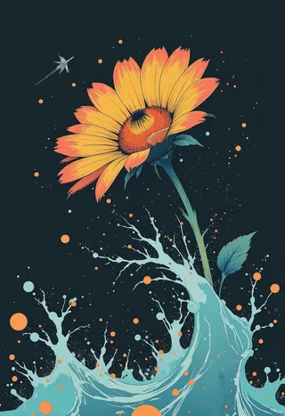 A bright sunflower with yellow and orange petals rises above a splash of blue water set against a dark background, with scattered orange and blue droplets around.
