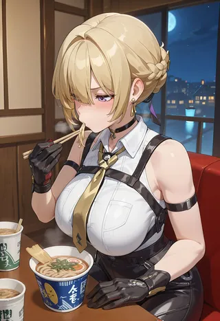 Anime-style blonde woman with purple eyes and black gloves eating ramen with chopsticks indoors at night, sitting at a table with a city view outside the window.
