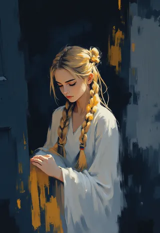 A young woman with blonde braided hair and a white robe stands contemplatively against a dark background, illuminated by soft warm light.