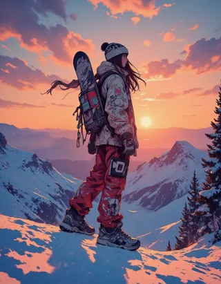 A snowboarder in winter gear stands on a snowy mountain slope during a vibrant sunset with pink and orange skies.