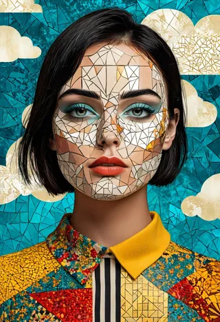 Close-up abstract portrait of a young woman with short black hair. Her face is illustrated as a geometric mosaic collage with intricate mixed media textures, set against a vibrant blue background with golden clouds.