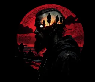 Double exposure digital artwork featuring a dark-skinned bearded man's silhouette with four silhouetted men superimposed inside his head, set against a dramatic red sunset and ocean background.