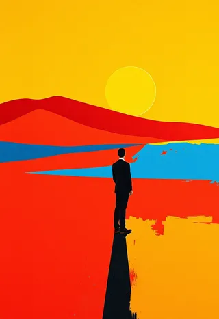 A sharply dressed man in a black suit stands alone in an abstract minimalist landscape featuring bold geometric color fields of red hills, a blue river, and a large yellow sun against a vibrant yellow sky.