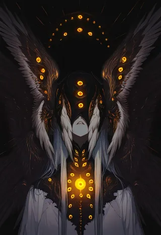 Dark fantasy female figure with multiple glowing orange eyes, wearing an intricate baa mask with head wings and dark large wings in background.