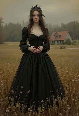 A woman dressed as a villainess queen wearing a black gown and intricate dark crown standing in a field with a house in the background under a cloudy sky.