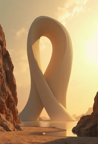 A smooth, monumental contemporary architecture structure with organic looping forms, set in a desert landscape with rocky cliffs and a smoky, golden sky, inspired by ancient Egyptian goddess imagery.