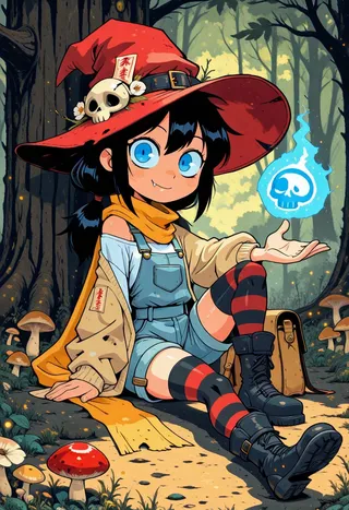 A young witch girl with blue eyes and black hair wearing a red hat with a skull ornament, sitting in a forest clearing surrounded by mushrooms and fireflies, holding a blue magical flame with a skull symbol.