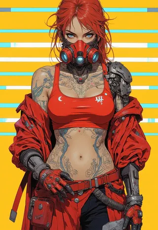 Striking cyberpunk woman with pale skin, red hair in a messy bun, wearing a red gas mask and cropped tank top, showing biomechanical tattoos, red jacket, and cybernetic arms against a yellow striped background.
