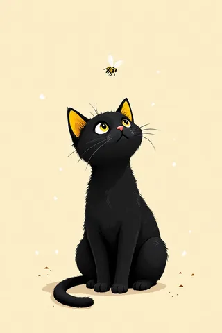 Illustration of a black cat with yellow inner ears looking upwards at a small fly against a light beige background with white specks.