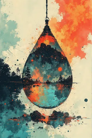 A large water drop hanging from a hook reflects a vibrant landscape with trees and water, colored in watercolor style with splashes of orange and teal.