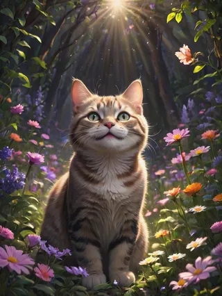 A happy cat with green eyes sitting amidst a forest filled with colorful flowers under rays of sunlight, rendered in muted, low-saturation, psychedelic art style.