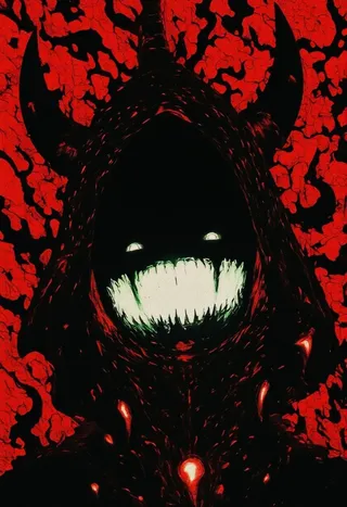 Close-up of a dark hooded figure with glowing white eyes and menacing sharp teeth, highlighted with neon colors and a white chin tattoo, set against a translucent red glitchy background.