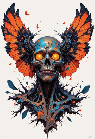 A surreal skull with bright glowing eyes, featuring large blue and orange butterfly wings and mystical tree branch-like extensions.